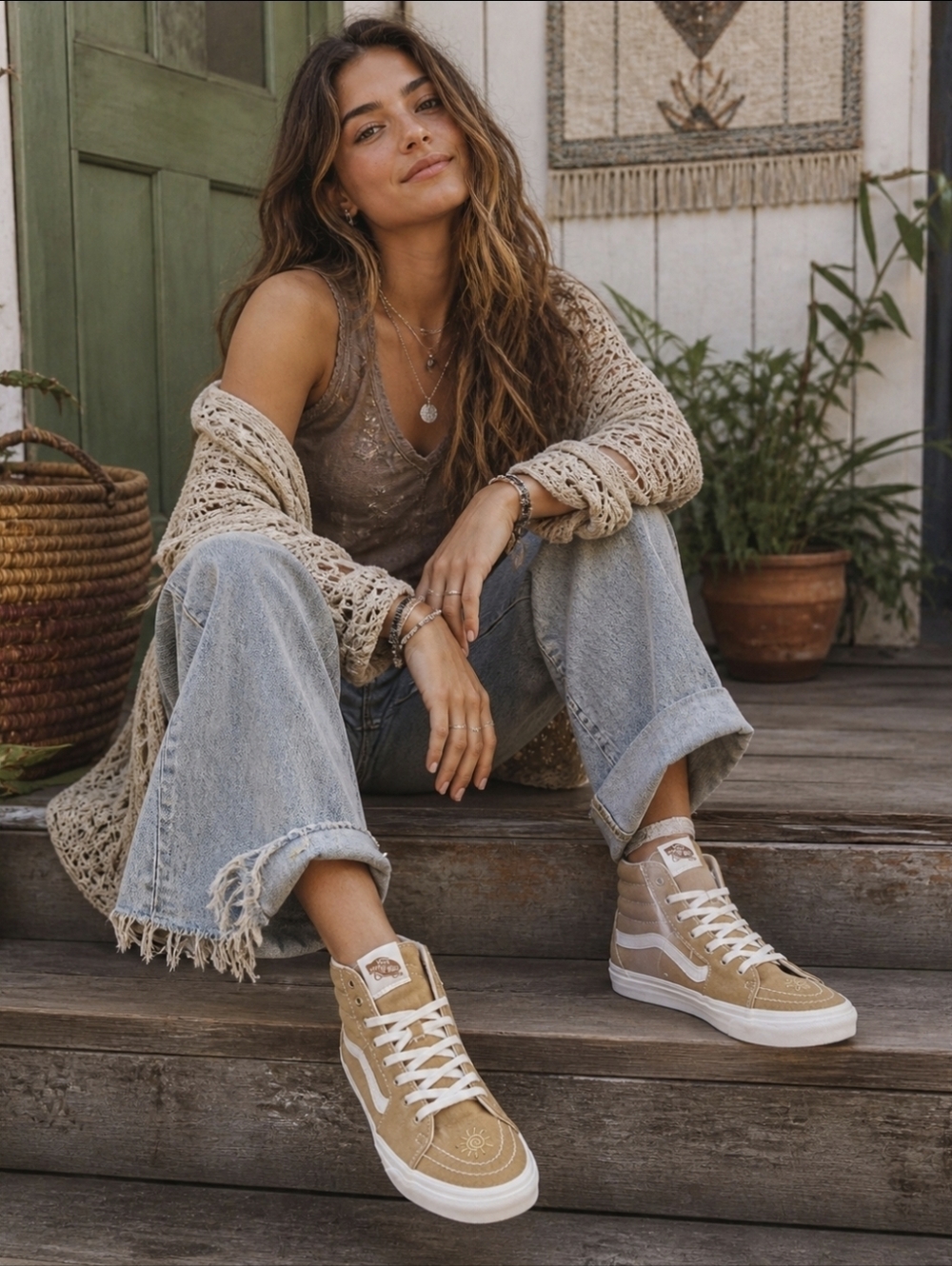 Excellent condition Vans Sk8-Hi high-tops in tan canvas with unique embroidered